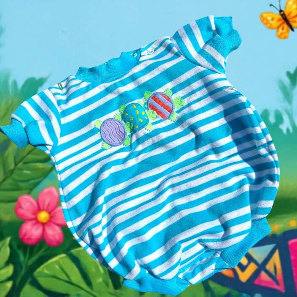Vintage Health-tex Baby Summer Bubble Romper 3-6 Months Striped Turtle Applique